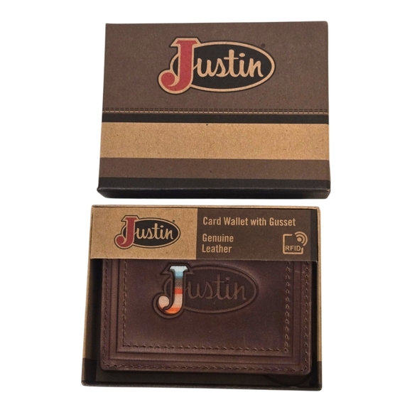 Justin Western Brown Leather Logo RFID Gusset Card Wallet New - Picture 1 of 3